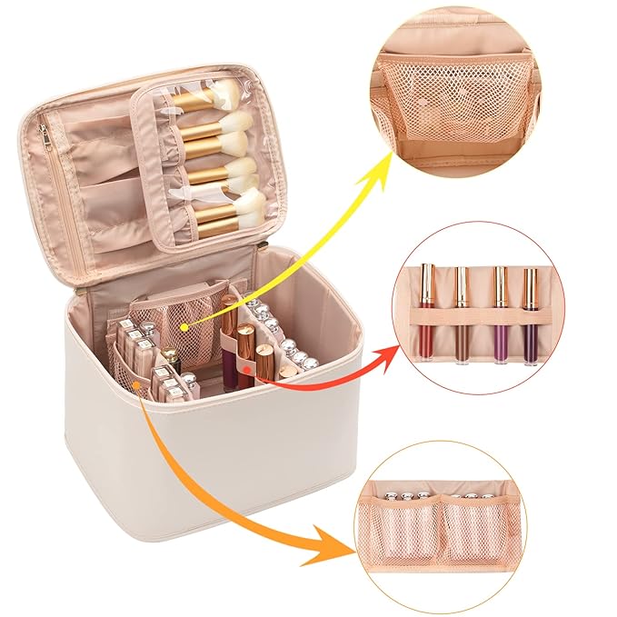 OCHEAL Makeup Bag, Portable Cosmetic Bag, Large Capacity Travel Case Organizer, Makeup Bags For Women Toiletry Bag for Girls Traveling With Handle and Divider- Beige Large