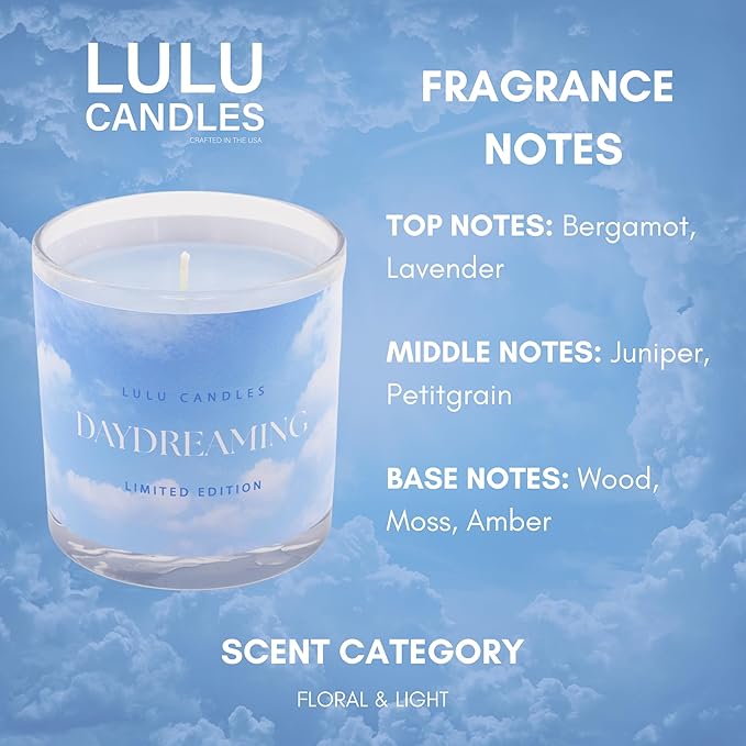Lulu Candles | in The Clouds Collection | Daydreaming | Lavender & Bergamot Scent | Smells Clean & Relaxing | Hand Poured in The USA | Highly Scented & Long Lasting (9 Oz. Gift Box)