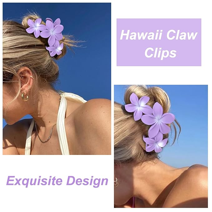 ANBALA Hair Clip, 4PCS Flower Design Plumeria Hair Clips, Large Non-Slip Strong Hold Claw Clips for Thick Hair, Beach Hair Accessories for Women Girls (Purple)