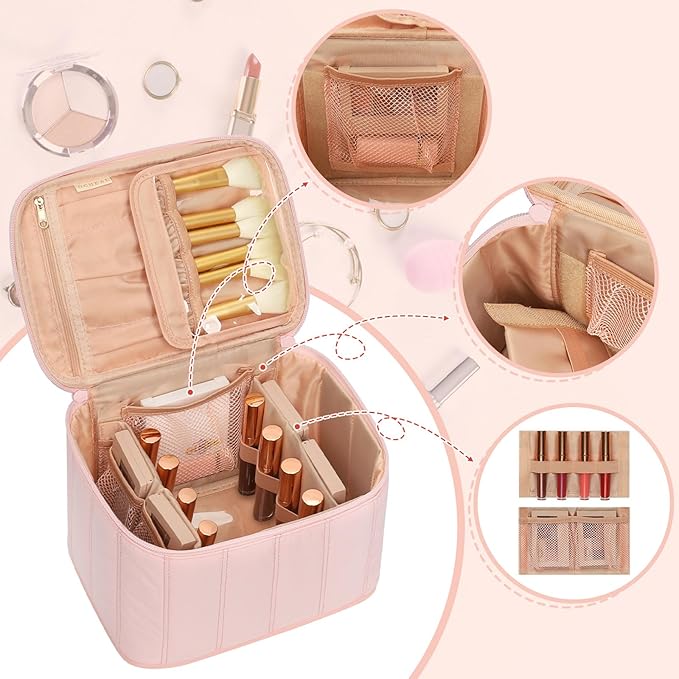 OCHEAL Travel Makeup Bag, Cosmetic Bags for Women Makeup Case Organizer Large Capacity Travel Toiletry Bag Storage Bags with Divider and Handle for Cosmetics Toiletries Brushes Tools-Pink