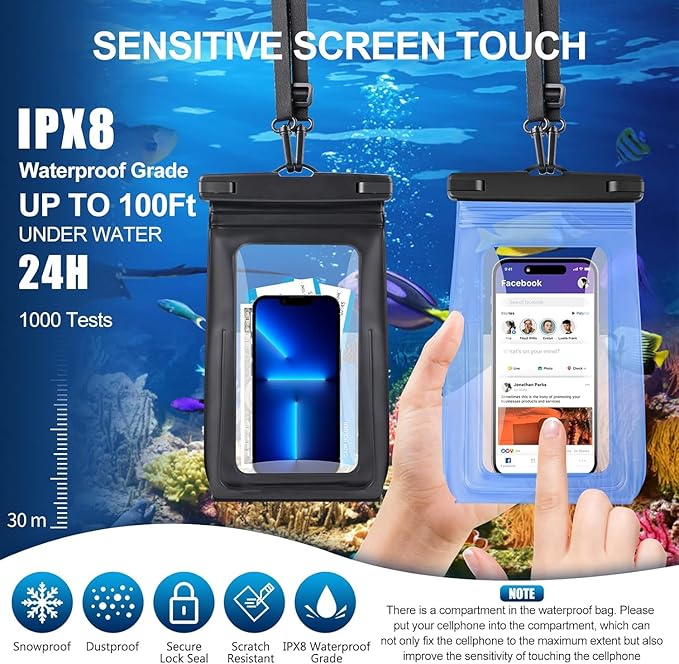 2 Pack Waterproof Phone Pouch Floating Large Waterproof Cellphone Dry Bag Case for iPhone 16 15 14 13 12 11 Pro Max XS XR X Galaxy S20-S24 Up to 7", PVC IPX8 Underwater HD Touch Phone Protector