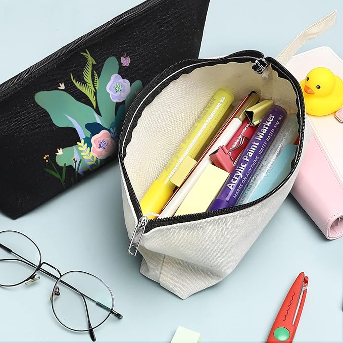 10 Pieces Cotton Canvas Makeup Bag with Bottom, Multi-Purpose Cosmetic Bag with Zipper Travel Toiletry Pouch, Blank DIY Craft Bag Pencil Bag (S, Black) (MN-WB07)