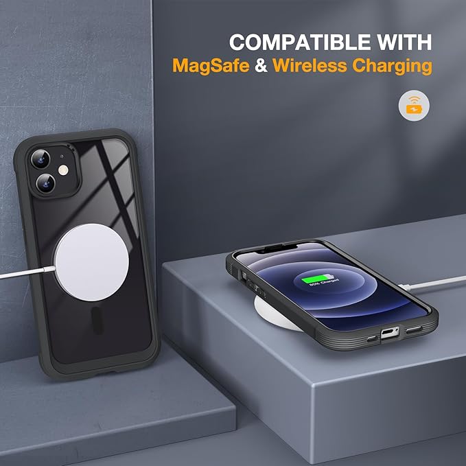 Miracase Magnetic Glass Series for iPhone 12/12 Pro - Full-Body Rugged Protective Case with Built-in 9H Tempered Glass Screen Protector and Camera Lens Protector, Magnetic Black