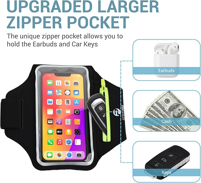 Armband with Airpods Pocket Cell Phone Armband for iPhone 14 13 Pro 14 Plus 12 11 XR XS, Galaxy S20/S10 Water Resistant Sports Phone Holder Case & Zipper Slot Car Key Holder for 6.5 inch Phone