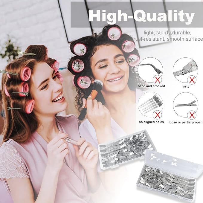 Styling Hair Clips, Silver Metal Duck Billed Hair Clips for Women Styling Sectioning, Duckbill Long Hair Clips, Pin Curl Clips for Hair, Alligator Roller Clip with Case