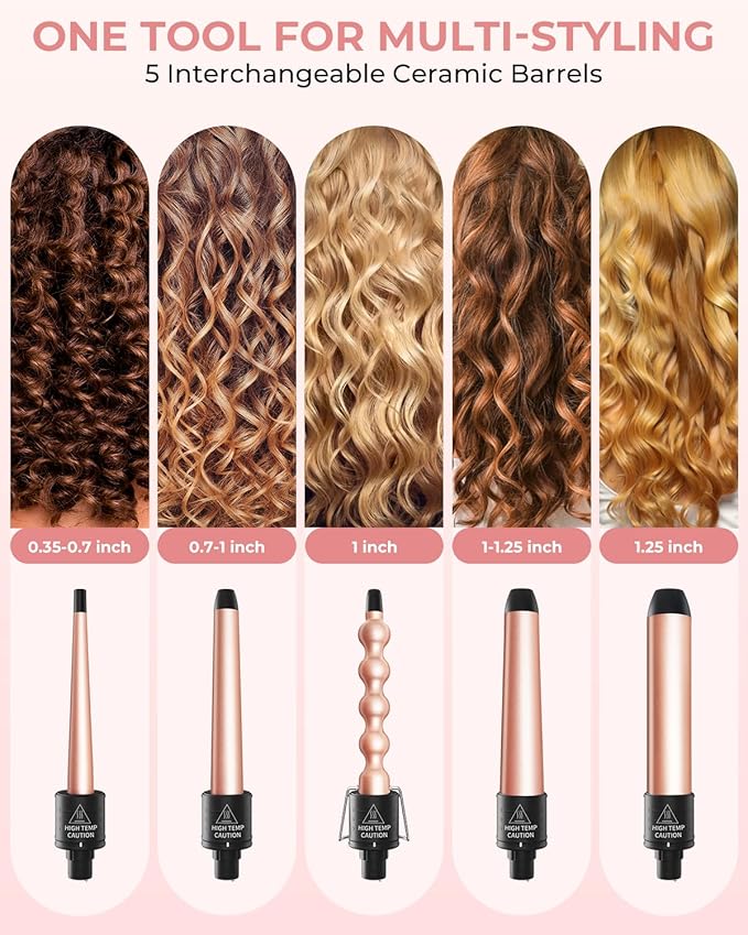 5 in 1 Curling Wand Set: Ohuhu Curling Iron Wand 5Pcs 0.35 to 1.25 Inch Interchangeable Ceramic Barrel Heat Protective Glove 2 Clips Dual Voltage Hair Curler for Women Girl Mother's Day Gift Rose Gold