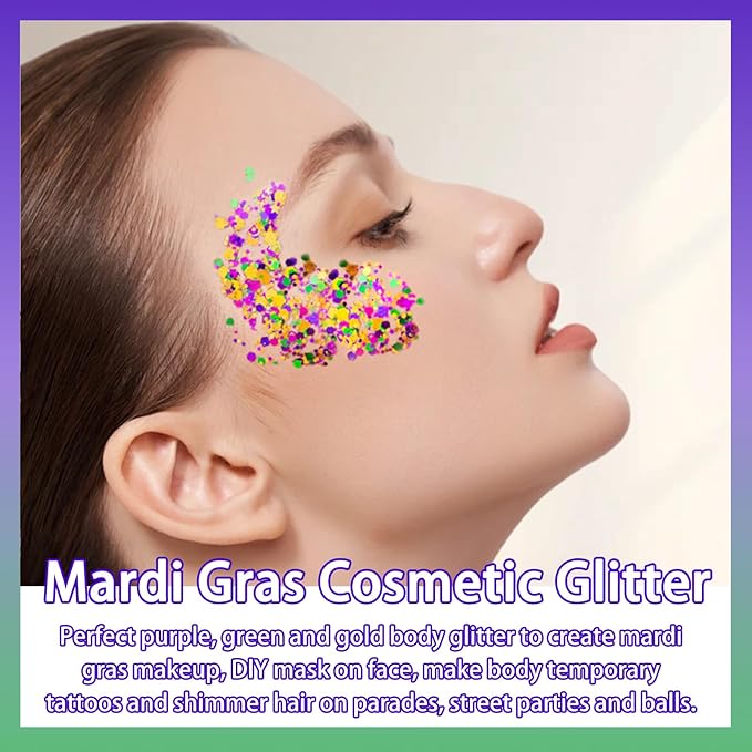 Allstarry Mardi Gras Face Glitter, 4 Colors Chunky Body Glitters Purple Green Gold Face Glitter Eyeshadow Makeup Hair and Eye Glitter Mardi Gras Accessories for Women Mask Balls Street Parties
