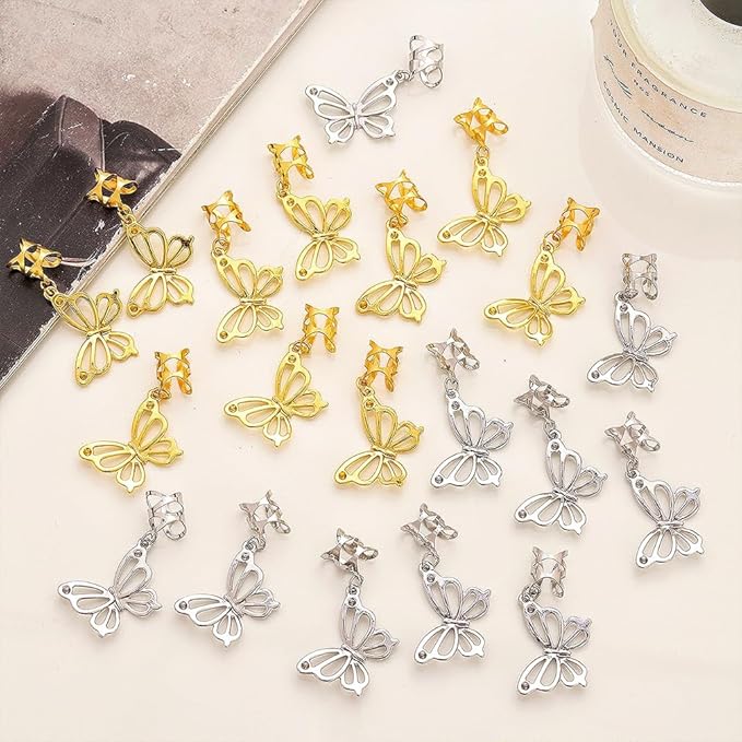 20 Pcs Butterfly Hair Braids Dreadlock Clips, Hollow Metals Cuffs Clip Hair Accessories Styling Fashion Toos for Women Men (Gold Sliver)