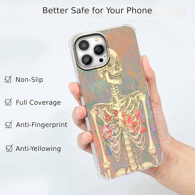Case for iPhone 14 Pro Max with Skull Art Design,Aesthetic Flower Skeleton Bone Pattern,Soft TPU Bumper Phone Cover(14pm,Skull)