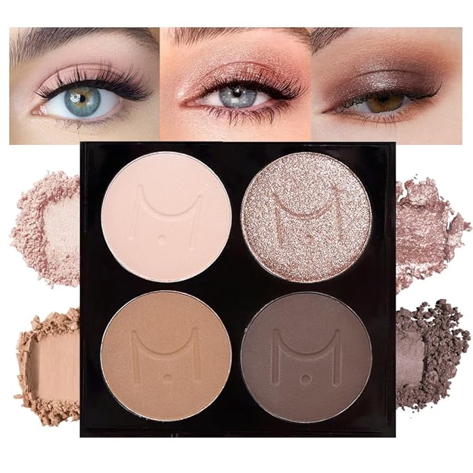 evpct 4 Colors Travel Eye Shadow Quad Palette Makeup, Bright Nude Champagne Gold Brown Cocoa Glitter Sparkly Shimmer Matte High Pigment Mini Eyeshadow Palette for older Women, Built in Mirror, A01