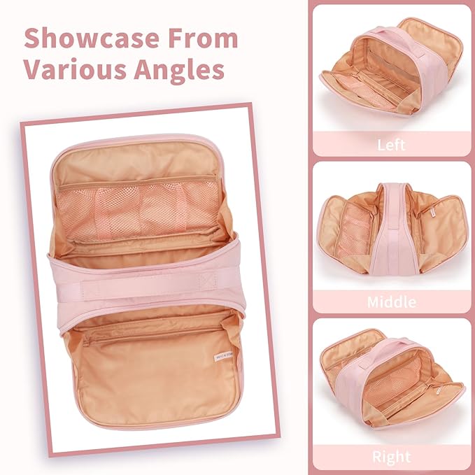 OCHEAL Travel Makeup Bag - Wide Open Cosmetic Bag for Women Make up with Two Compartments, Portable Lightweight Roomy Organizer Toiletry Bag for Girls Skincare tools Accessories-Pink