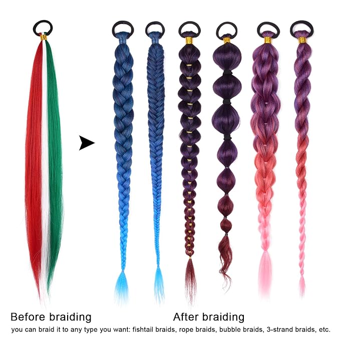 2 Pack Braid Ponytail Extension, Full of Christmas Color Ponytail Extension, with Elastic Tie Straight Tube Sleek Wrap Extension Hair Ponytail Extension 26 Inch (Red/White/Green#)