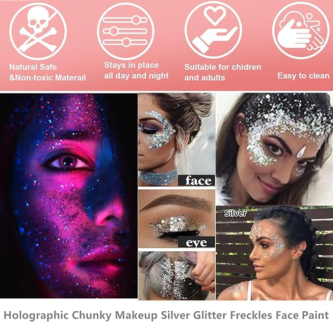 Go Ho White Pink and Silver Face Body Glitter Gel Set,Mermaid Face Paint,Holographic Long Lasting Chunky Sequins Glitter Makeup for Singer Concerts,Halloween Festival Rave Accessories