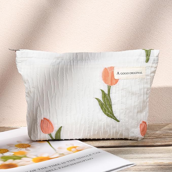 2 Pieces Flower Makeup Bag Large Floral Cosmetic Bag Capacity Canvas Travel Toiletry Bag Organizer Cute Makeup Brushes Aesthetic Accessories Storage Bag for Women, Embossed flower L White Pink