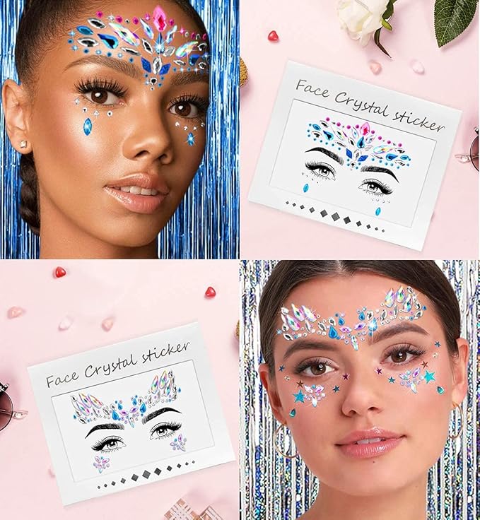 iMethod Face Jewels and Body Glitter - Face Gems, Mermaid Face Jewels Stick On, Holographic Cosmetic Face Glitter, for Festival Holiday Costumes & Halloween Alien Makeup, 12 Pcs