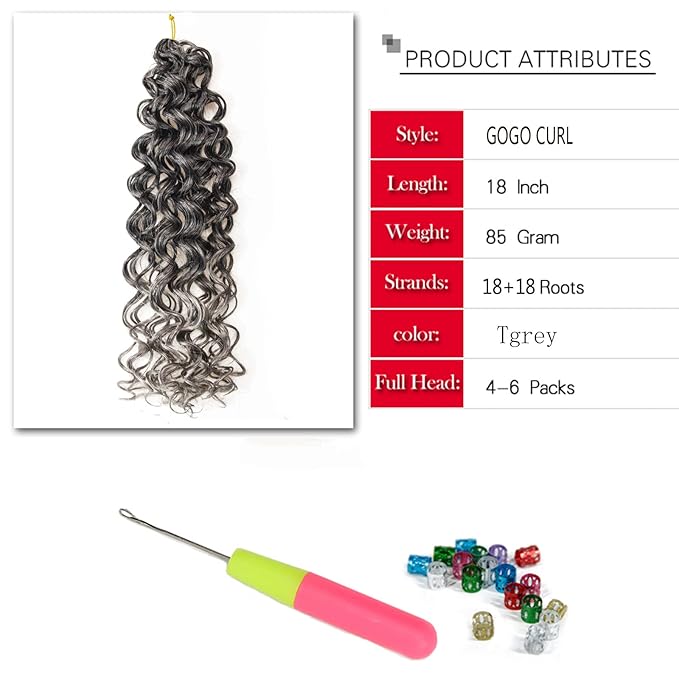 8 Packs Curly Crochet Hair GoGo Curl Crochet hair for Black Women Deep Wave Braiding hair,Synthetic Bohemian Crochet Braid Water Wave Crochet hair Extensions(Tgrey, 18inch)