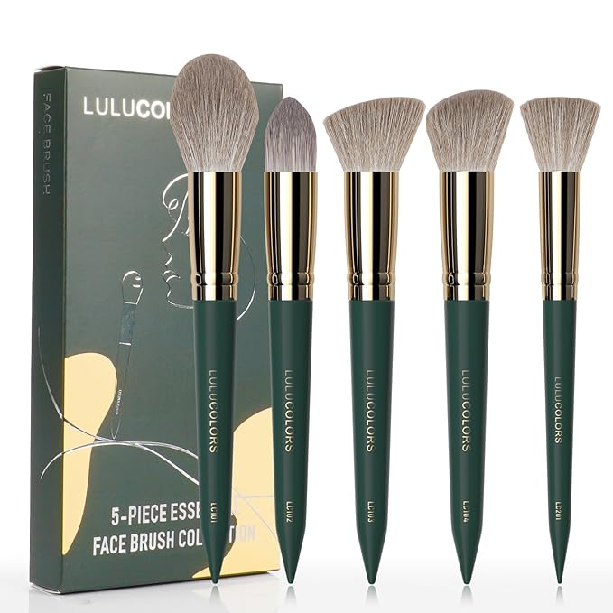 5-Piece Face Makeup Brush Set in Dark Blue – Precision Brushes for Flawless Application and Blending(5 Face Green)