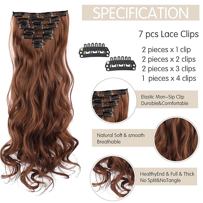 22 Inch Clip In Hair Extensions 7 PCS Long Wavy Synthetic Brown Hair Extension & Natural Soft Invisible Clip Thick Hairpieces for Women Daily(20Inch, 7pcs, Brown)