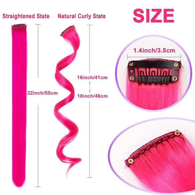 10 PCS Hot Pink Hair Extensions Clip in Kid's Party Highlights, Colored Hair Extensions Hairpiece Curly for Girls Women 17 Inch
