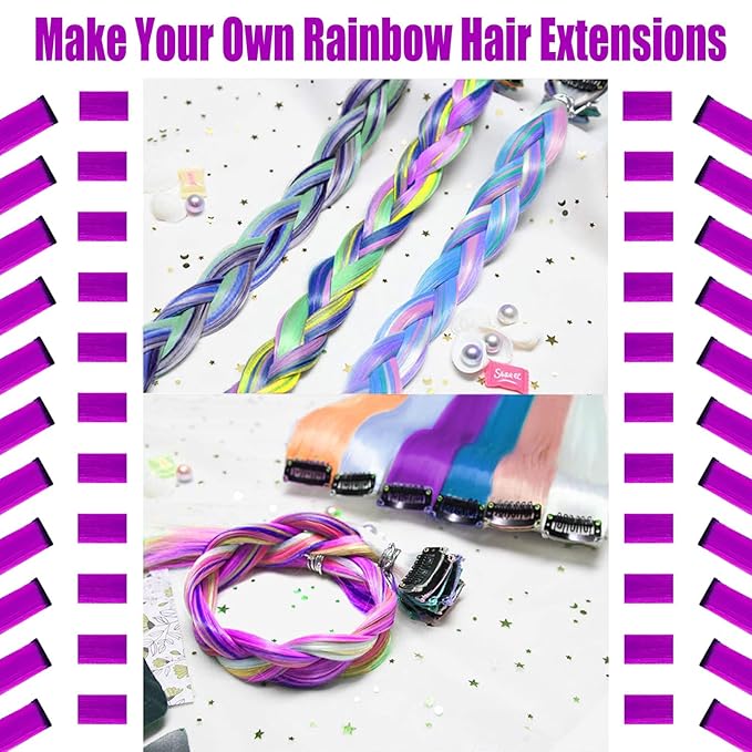 12 PCS Purple Hair Extensions Clip in, 22-Inch Colored Hair Extensions Party Highlights Long Straight Synthetic Hairpieces for Women Kids Girls Halloween Christmas Cosplay