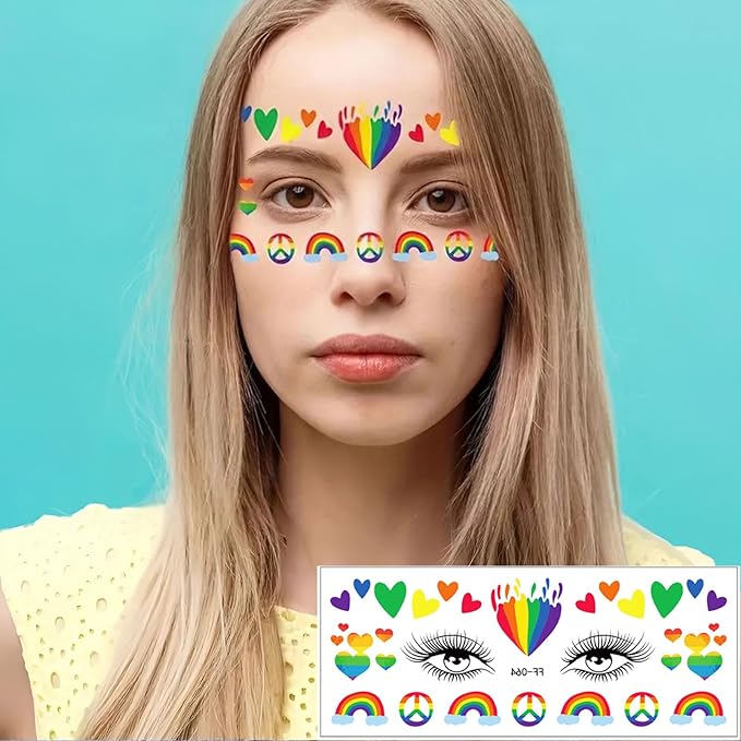 10 Sheets Pride Day Face Fake Tattoos Rainbow Temporary Tattoos Adult Rainbow Hearts Butterfly Ribbons Crown Colorful Love Tattoo Kit Gay LGBTQ Pride Day Parade Party Eye Makeup Face Decor Supplies