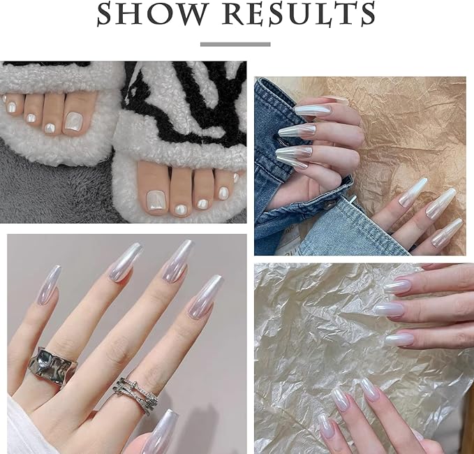 2 Pcs White Pearl Chrome Nail Powder,Mirror Effect Aurora Magic Pearlescent Nail Jewelry Glitter Holographic Pigment Symphony Mermaid Pearl Neon Ice Aurora Dust Nail Powder,DIY Nail Art Decorations