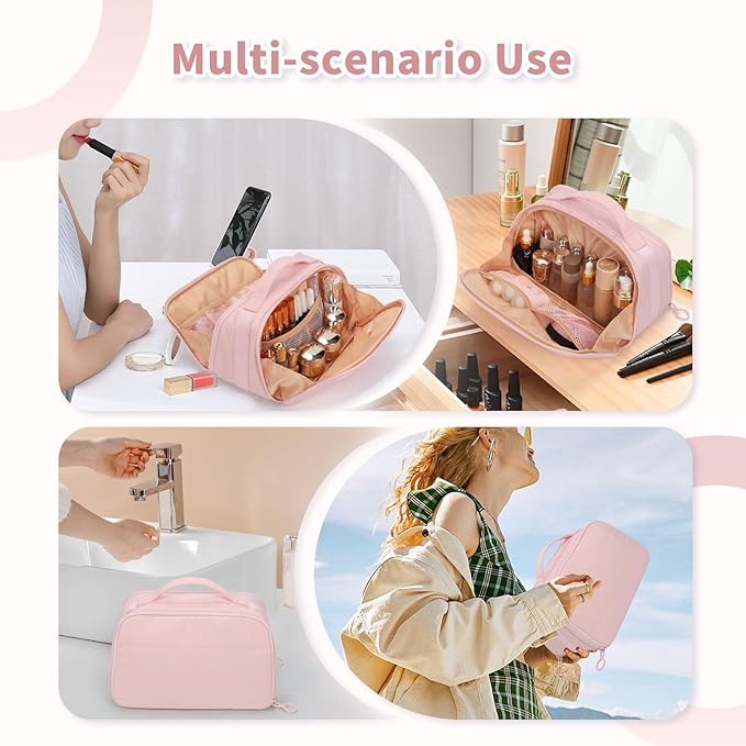 OCHEAL Travel Makeup Bag - Wide Open Cosmetic Bag for Women Make up with Two Compartments, Portable Lightweight Roomy Organizer Toiletry Bag for Girls Skincare tools Accessories-Pink