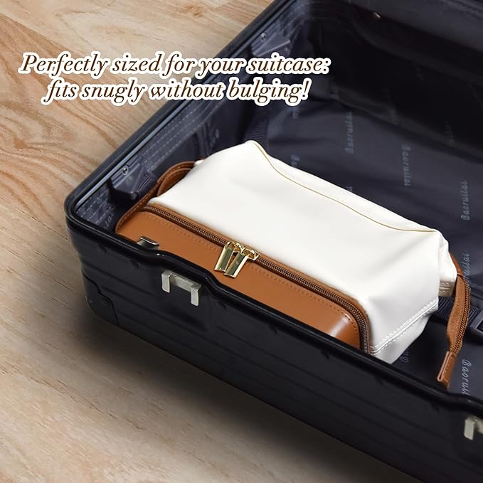 2-In-1 Jewelry Box and Makeup Bag with Mirror - Versatile Travel Jewelry Holder Organizer Cosmetic Bag, Portable Toiletry Bag with Integrated Jewelry Makeup Case for Women Men (White & Brown)