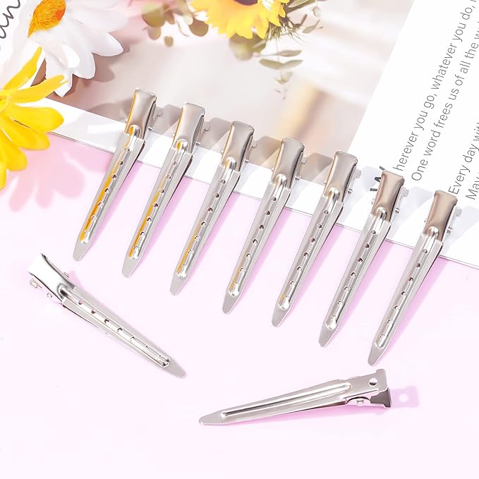 24 Packs Duck Bill Clips, Bantoye 2.75 Inches Rustproof Metal Alligator Curl Clips with Holes for Hair Styling, Hair Coloring, Silver