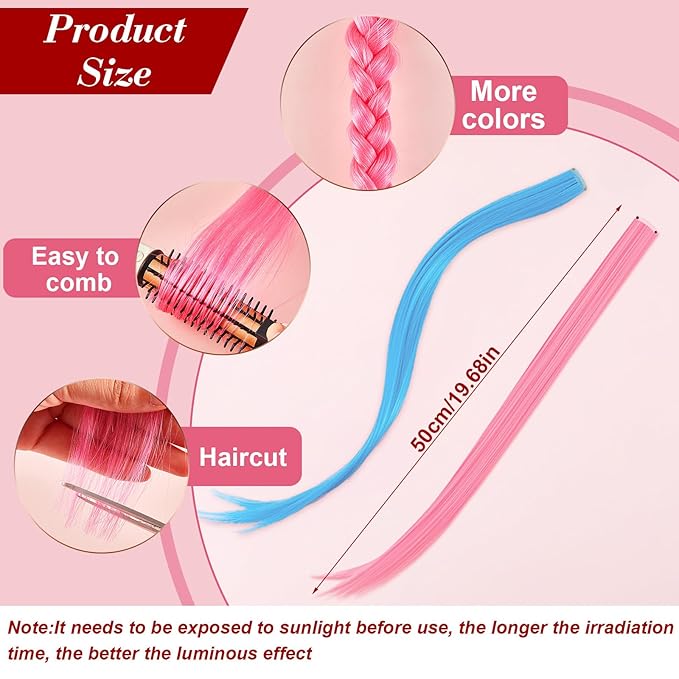 20 Pcs Glow in the Dark Colored Hair Extensions Clip 20 Inch Rainbow Party Hairpiece for Women, 10 Color(Dark Purple, Blue, Pink, Watermelon Red, Light Purple)