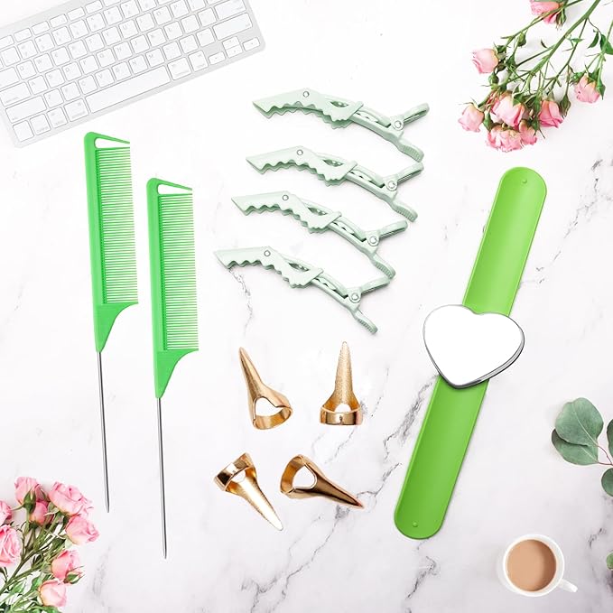 17 Pieces Hair Parting Tools Set Heart, Included 8P Hair Parting Ring 2P Metal Rat Tail Comb 6P Hair Sectioning Clip with 1P Magnetic Wrist Sewing Pin Holder for Braiding (Green)