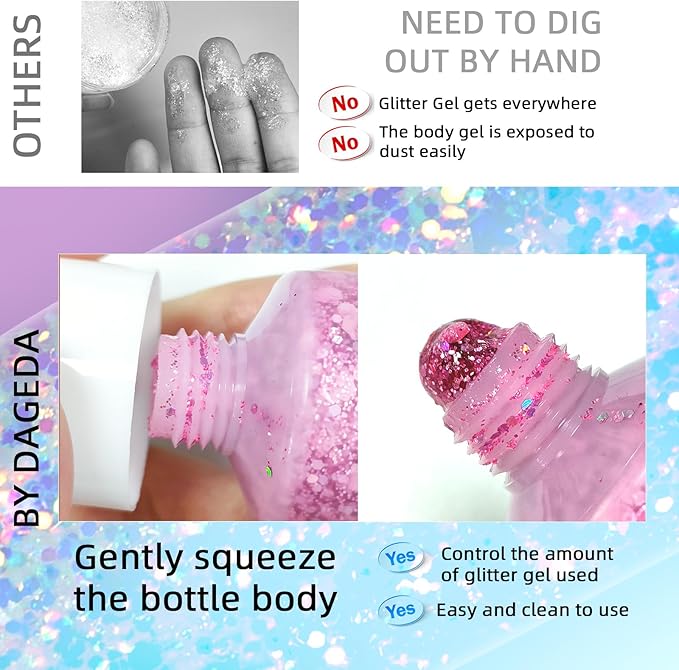 DAGEDA Body Glitter Gel, Face Glitters Body Gel Sequins Shimmer Liquid Eyeshadow, Chunky Glitter for Face Hair Nails, Holographic Cosmetic Laser Powder Festival Makeup 50ml(Pink)
