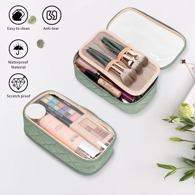 OCHEAL Clear Makeup Bag, Portable Storage Organizer Cosmetic Travel Bag Cute Pouch For Women and Girls Cosmetics Bags with Divider Brush Compartment-Green Rhombic b03_Green Rhombic