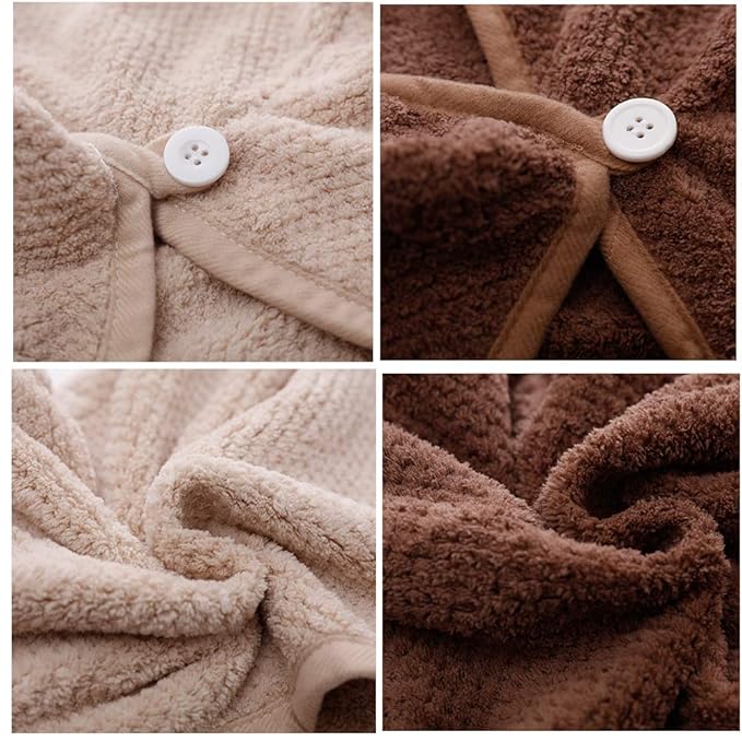 2 Pack Hair Drying Towels,Hair Wrap Towels,Absorbent Microfiber Hair Towel Turban with Button Design to Dry Hair More Quicker(Khaki&Coffee)