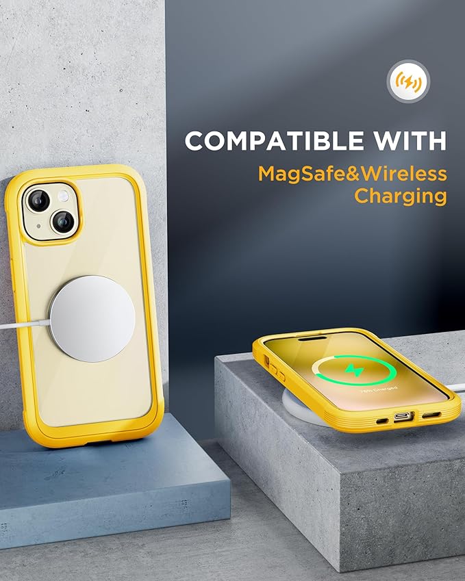 Miracase Glass Series Designed for iPhone 15 Plus Case 6.7',Full-Body Military Drop Proof 15 Plus Phone Case Cover with Built-in 9H Tempered Glass Screen Protector,Yellow