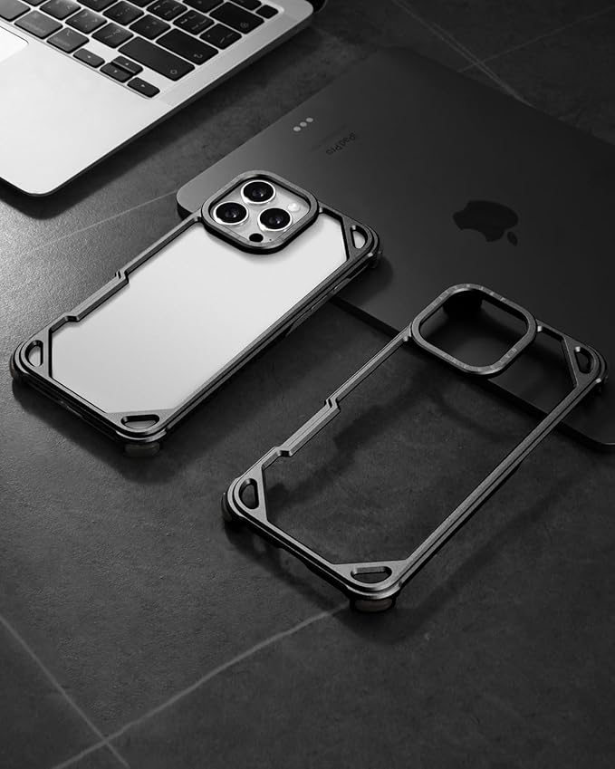 OATSBASF for iPhone 16 Pro 6.3" Bumper Case Metal, Aluminum Frame Slim Fit No Back Design, Compatible with MagSafe, 4 Corner Shockproof Protection, Minimalist Frameless Phone Case, Black