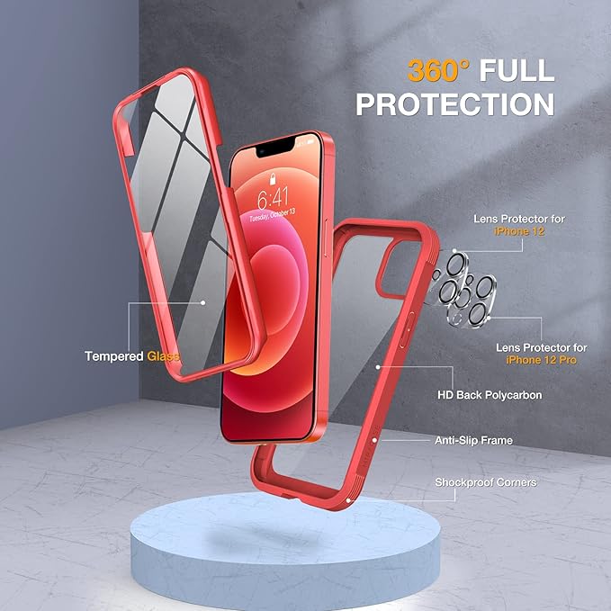 Miracase Glass Series for iPhone 12/12 Pro - Full-Body Rugged Protective Case with Built-in 9H Tempered Glass Screen Protector and Camera Lens Protector - Red