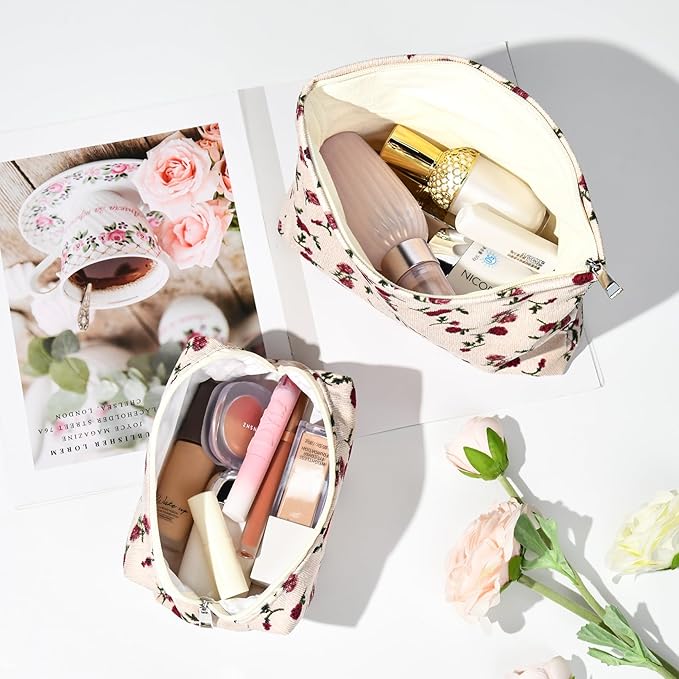 2 Pieces Rose Makeup Bag Large Corduroy Cosmetic Bag Capacity Canvas Mix Travel Toiletry Bag Organizer Cute Makeup Brushes Aesthetic Accessories Storage Bag for Women, Rose Mix White