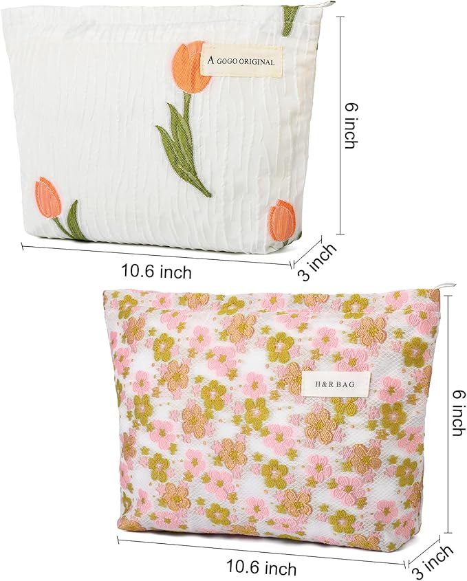 2 Pieces Flower Makeup Bag Large Floral Cosmetic Bag Capacity Canvas Travel Toiletry Bag Organizer Cute Makeup Brushes Aesthetic Accessories Storage Bag for Women, Embossed flower L White Pink