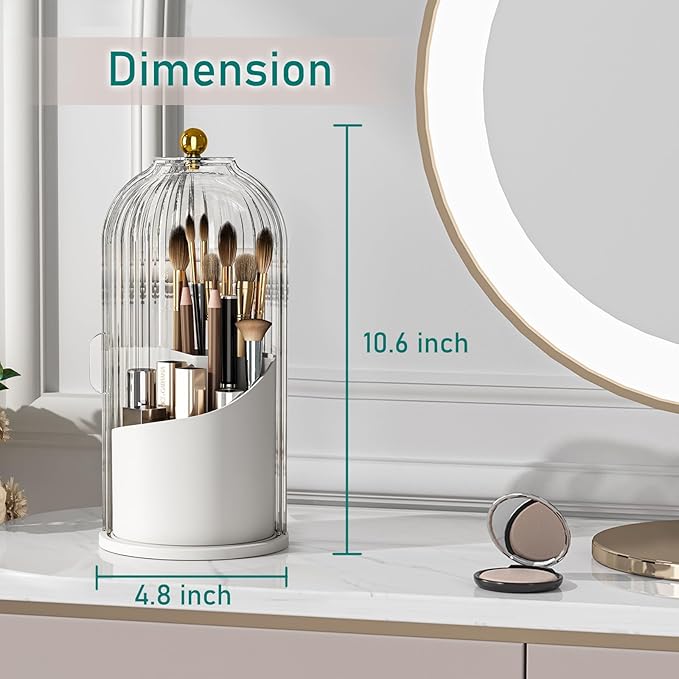 GAXmi Makeup Brush Holder with Lid Cosmetic Tools Organizer 360 Rotating Waterproof Dustproof Beauty Brushes Storage for Vanity, Transparent