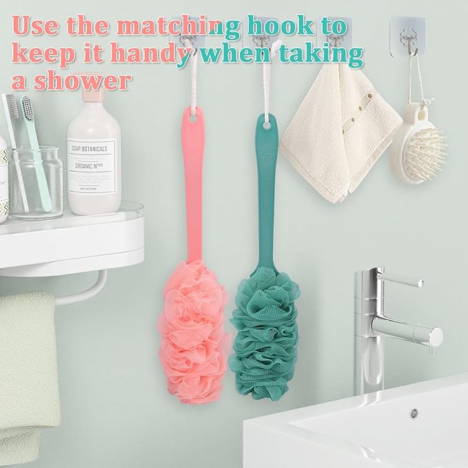 2Pack Back Scrubber for Shower Loofah with Long Handle, Shower Brush for Body, 17″ Loofah on a Stick for Men Women Bathing Accessories, Scrubber Sponge for Exfoliating Bath Brushes (Pink & Green)