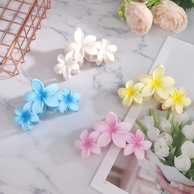 ANBALA 4PCS Flower Matte Claw Clips for Thick Hair - Large Plumeria Hair Accessories for Women, Summer Beach Hair Clips (Colorful)