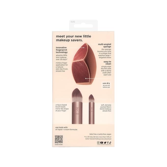 Real Techniques Makeupsaver Sponge + Brush Trio, Makeup Blending Sponge & Brushes For Liquid & Cream Formulations, Natural Finish & Reduces Makeup Waste, Cruelty & Latex-Free 3 Piece Set