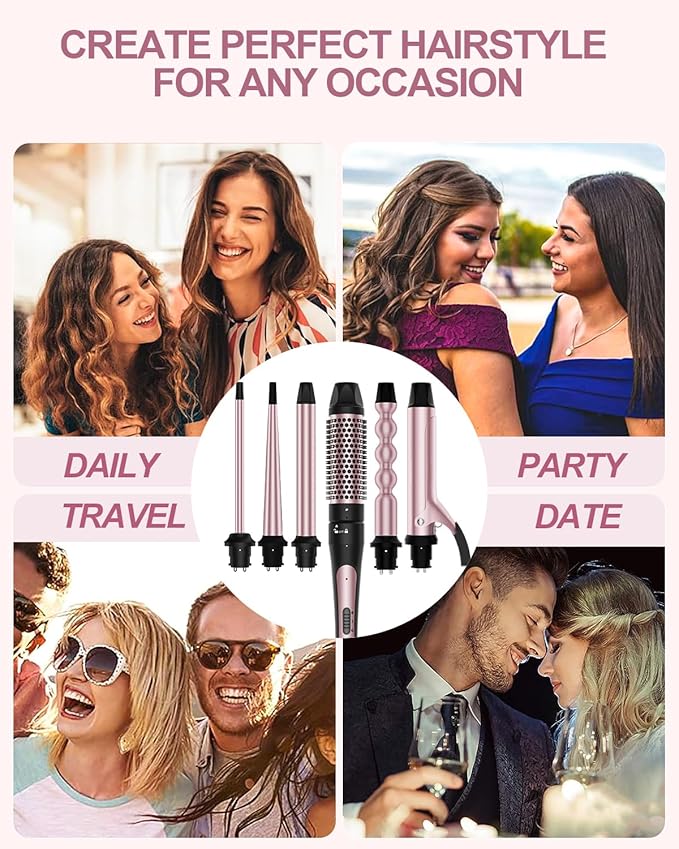 6 in 1 Curling Iron, Curling Wand Set with Thermal Brush (1.5inch) & 1inch Bubble Curling Wand and 3 Interchangeable Ceramic Barrel (0.35"-1.25"), Instant Heat Up With Comb & Protective Glove & 2 Clip
