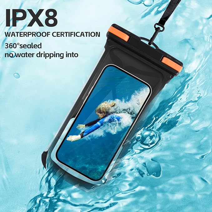2 PCS Waterproof Phone Pouch, IPX8 Underwater Case for iPhone 15 14 13 Pro Max Plus, Galaxy S24 S23 Pixel 8a 7a Up to 8",Dry Bag for Beach Cruise Essentials, Black Orange