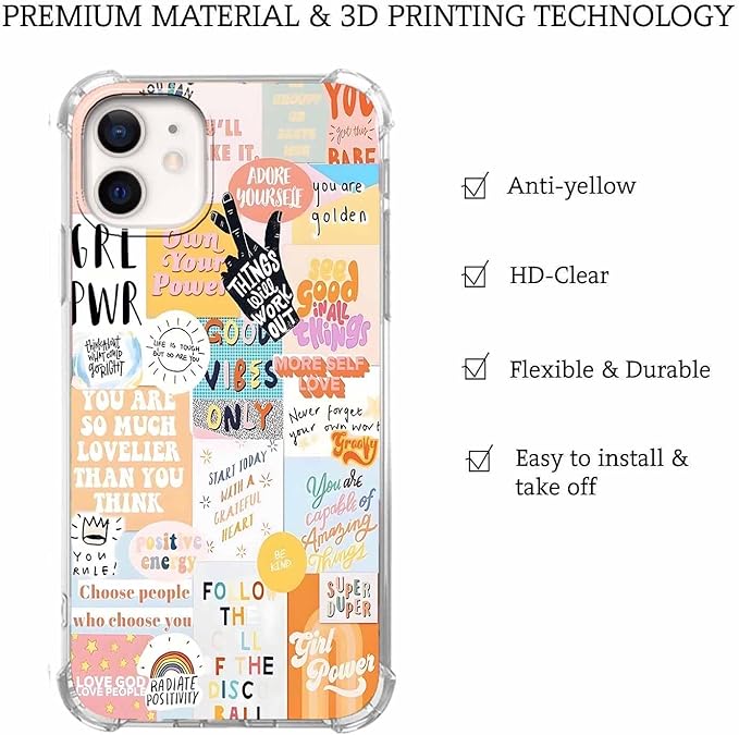 Case for iPhone 12/12 Pro with Beige Design,Cute Inspirational Positive Quotes Collage Pattern,Trendy Soft TPU Bumper Phone Cover(12,Yellow)