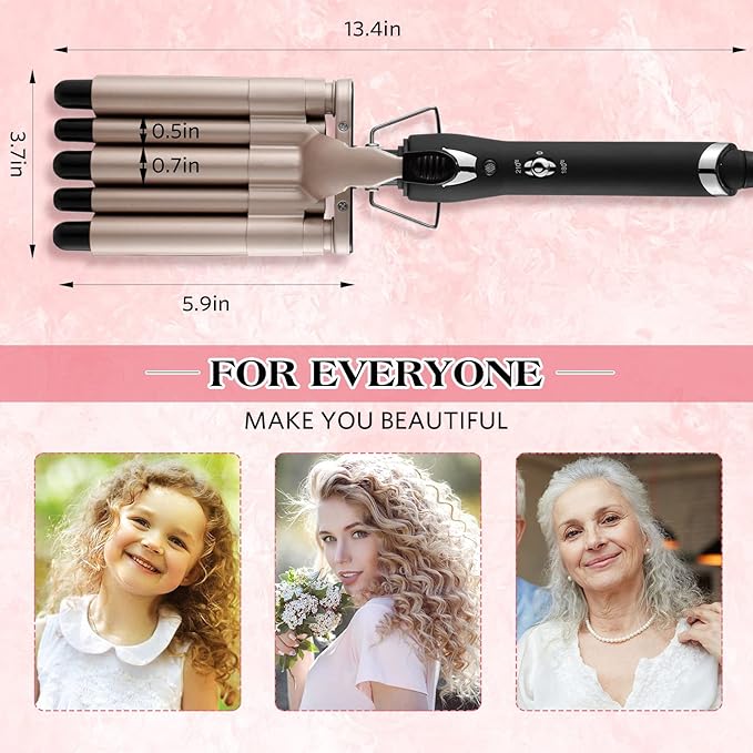 Hair Crimper Iron 5 Barrel Curling Iron Wand, 0.6 Inch Hair Waver Curler Ceramic Tourmaline Hair Styling Tool with Dual Voltage (0.6 Inch)