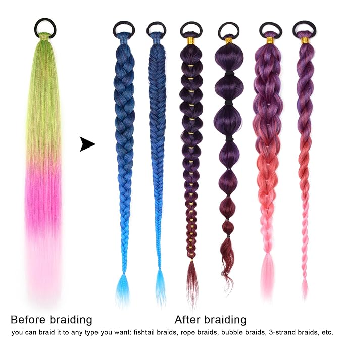 2 Pack Braid Ponytail Extension with Elastic Tie Straight Sleek Wrap Around Braid Ponytail Green Pink Gradient 26 Inch (Green/Rose Pink/Light Pink#)