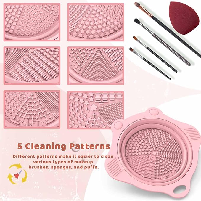 2PC Foldable Silicone Makeup Brush Cleaner Pad Bowls, YalsFTY Portable Mat Scrubber Cleaning Tool for Makeup Brushes (Pink and Green)