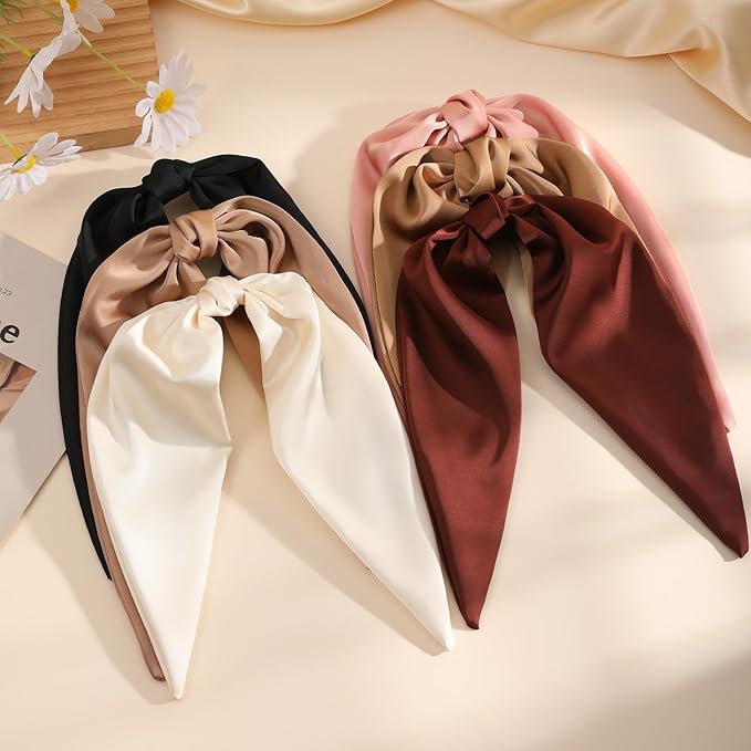 6PCS Silky Satin Hair Bows, Hair Bow Clips with Long Tail, Hair Bows for Girls & Women Elegant Bow Hair Ribbon Ponytail Holder, Alligator Metal Clips Accessories for Toddler & Kids Gifts Neutral Color